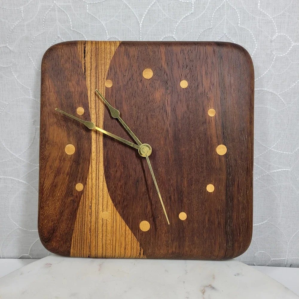 VTG Mixed Wood Wall Clock MCM Brass Hands Quartz Japan Studio Handmade Works